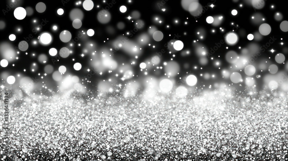 Poster sparkling silver glitter and bokeh effects on black background