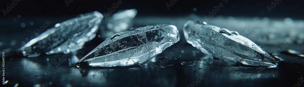 Poster sharp clear shards of frozen transparent material with water drops