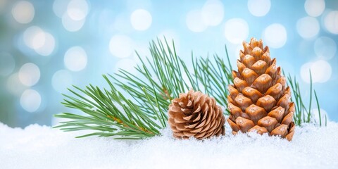 Christmas snowy winter holiday celebration greeting card banner panorama - Closeup of pine branch with pine cones and snow, defocused blurred background with blue sky and bokeh lights and