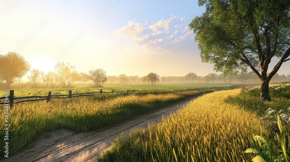 Poster a beautiful countryside scene with fields and a dirt path