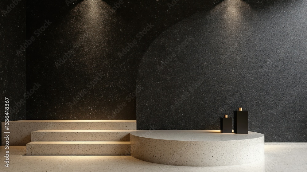 Poster an architectural display featuring steps stage and lighting fixtures