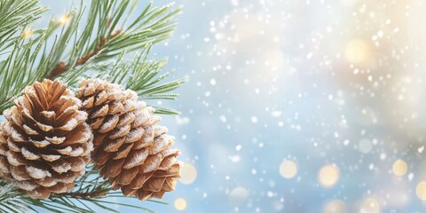 Christmas snowy winter holiday celebration greeting card - Closeup of frozen pine branch and snow, defocused blurred background with blue sky and