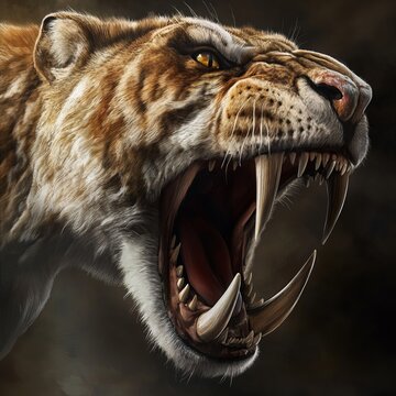 High-quality illustration of a Smilodon, the iconic saber-toothed predator. This prehistoric, extinct feline is depicted in detail, showcasing its powerful build and distinctive long canine teeth.