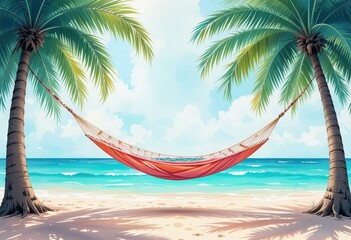 Naklejka premium Tropical Digital Illustration Relaxing Hammock Palm Trees Sandy Beach Turquoise Ocean Clear Blue Sky - Travel Marketing Tropical Vacation Promotions