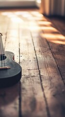 Fototapeta premium A small ukulele rests on wooden planks with sunlight streaming