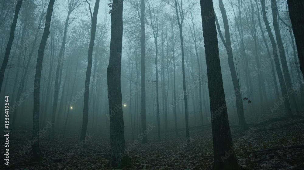 Poster foggy forest scene with bare trees and mysterious lights present