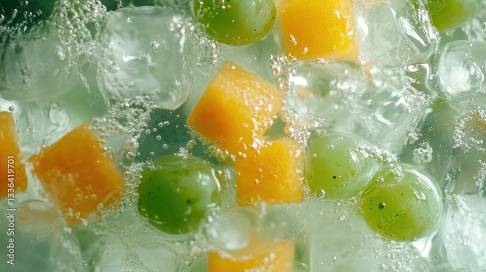 Poster cubed cantaloupe and grapes chilling with ice in water