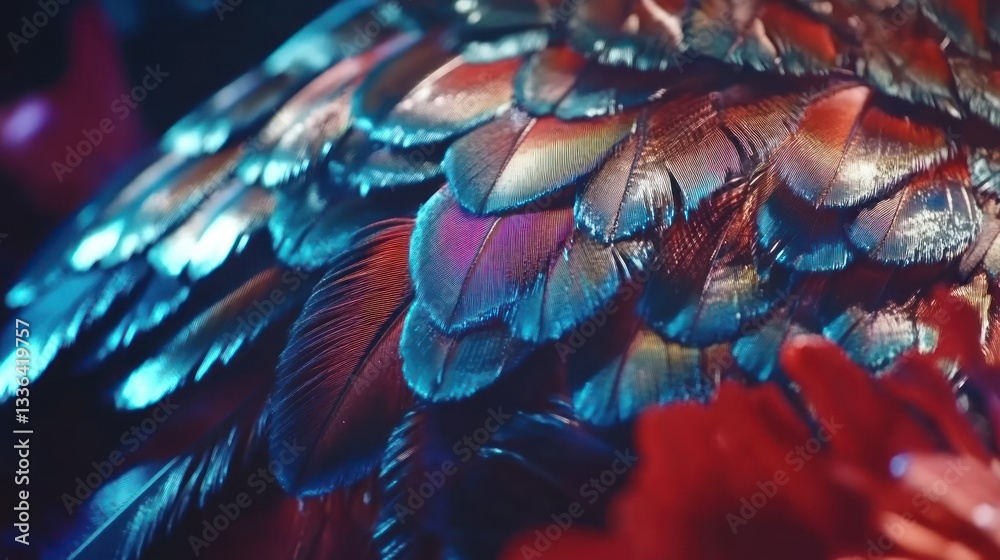 Poster A close up image of colorful layered bird feathers