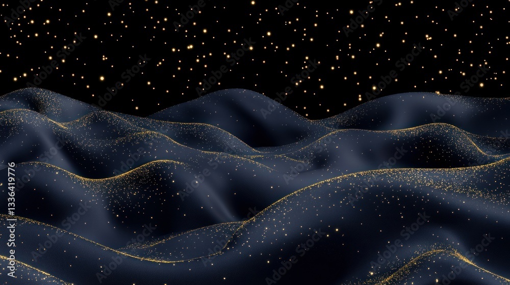 Poster abstract landscape illustration showing dark fabric with sparkling lights in space