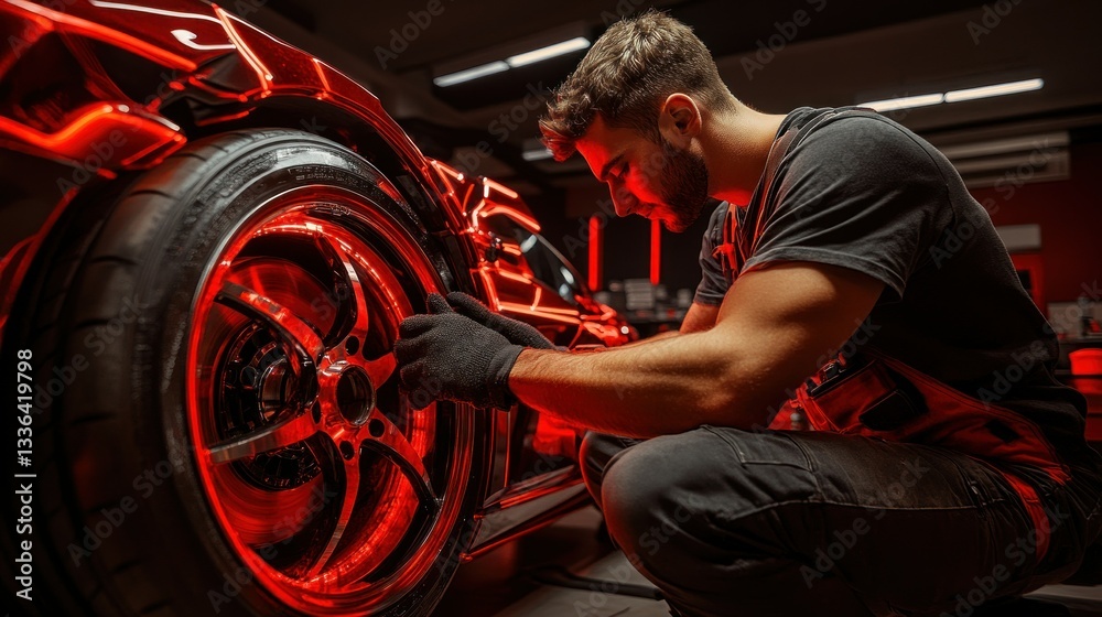 Poster a mechanic is working on a car wheel in a workshop