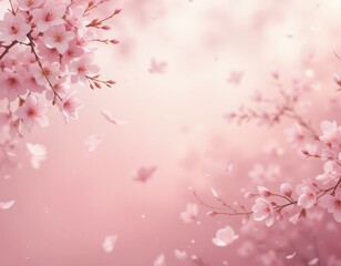 Fototapeta premium Soft Pink Cherry Blossom Flowers Falling Petals Blurred Background - Serene Spring Aesthetic Easter Mother's Day Marketing Materials
