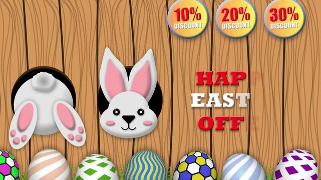 happy easter offer with discount persentage on wooden background. cute funny bunny back and face view, decorated eggs and happy easter offer text animation.