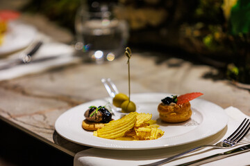 Elegant gourmet appetizers served on white porcelain.