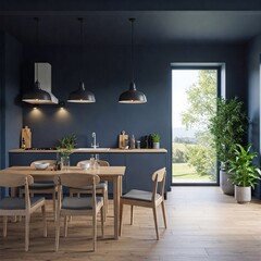 Modern kitchen interior with dark blue walls, light wood floor, wooden table and chairs, pendant lights, green plants, and a large window