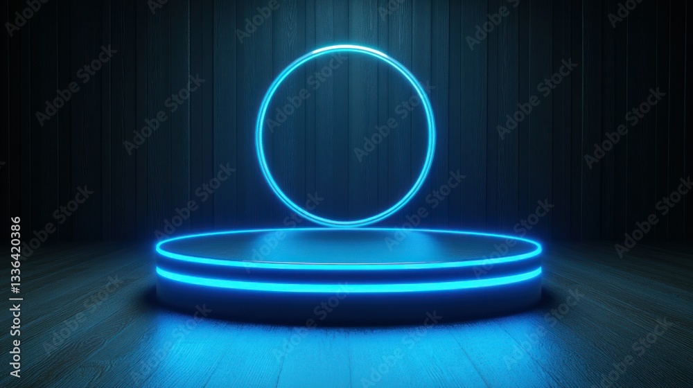 Poster illuminated blue platform with a glowing ring in the background