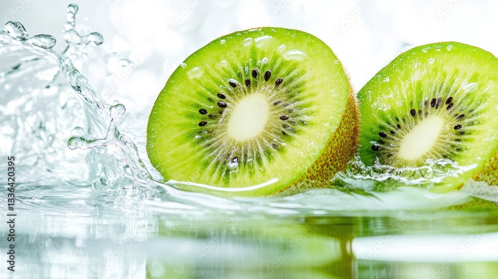 Poster two sliced kiwi fruits surrounded by water in a bright setting
