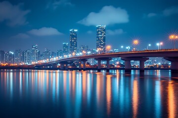 Fototapeta premium marvel at subtle tune of an active cityscape and a roaming waterway where mighty bridges bind regions and luminous towers reflect on quiet pools 