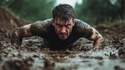 The challenging obstacle course tests the man's endurance as he crawls through the sludge, his unwavering determination evident in every movement.