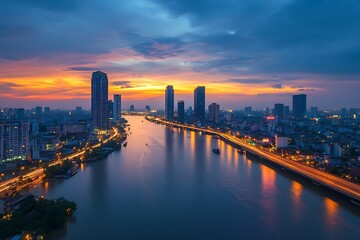 Fototapeta premium delicate chorus of a thriving metropolis and a twisting flow where regal arches connect domains and radiant cityscape glides on peaceful tides 