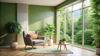 Fototapeta premium Serene Living Room Design with Abundant Natural Light and Lush Greenery, Creating a Peaceful and Tranquil Atmosphere