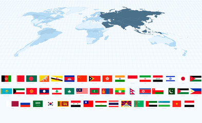 Asian Flags in Accurate Proportions Alongside a World Map Focusing on Asia.