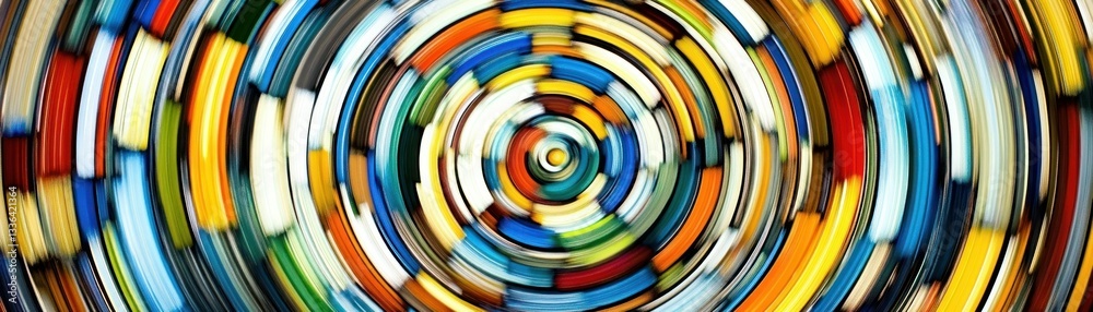 Poster Colorful concentric circles created using many multicolored rectangles arranged together