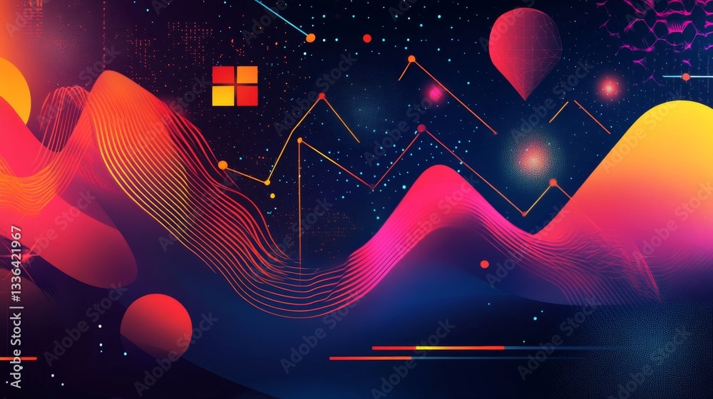 Poster creating abstract geometric shapes virtual space digital art cyber environment close-up view glowing