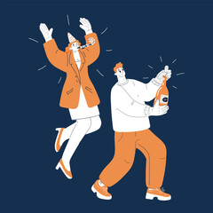 Cartoon vector illustration of a man popping champagne as a woman cheers in excitement, wearing a party hat and blowing a party horn in celebration against dark background.