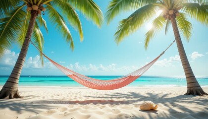 Tropical Beach Pink Hammock Palm Trees Clear Blue Sky - Travel Marketing Tropical Vacation Promotions
