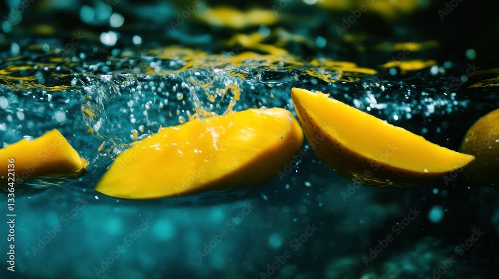 Poster Yellow mango slices floating underwater creating a refreshing splash