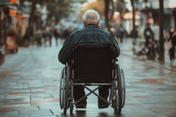 Obraz premium Disabled man in a wheelchair walking along a park alley. Elderly man with disabilities in a wheelchair outdoors. Back view.
