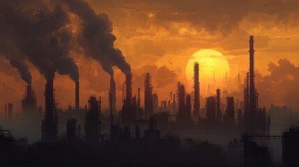 Industrial skyline silhouettes against a vibrant orange sunset sky