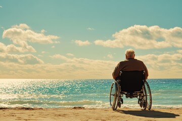 Rear view of a man sitting in a wheelchair and enjoying the sea view. Elderly man with an injury and disability in a wheelchair on a walk.