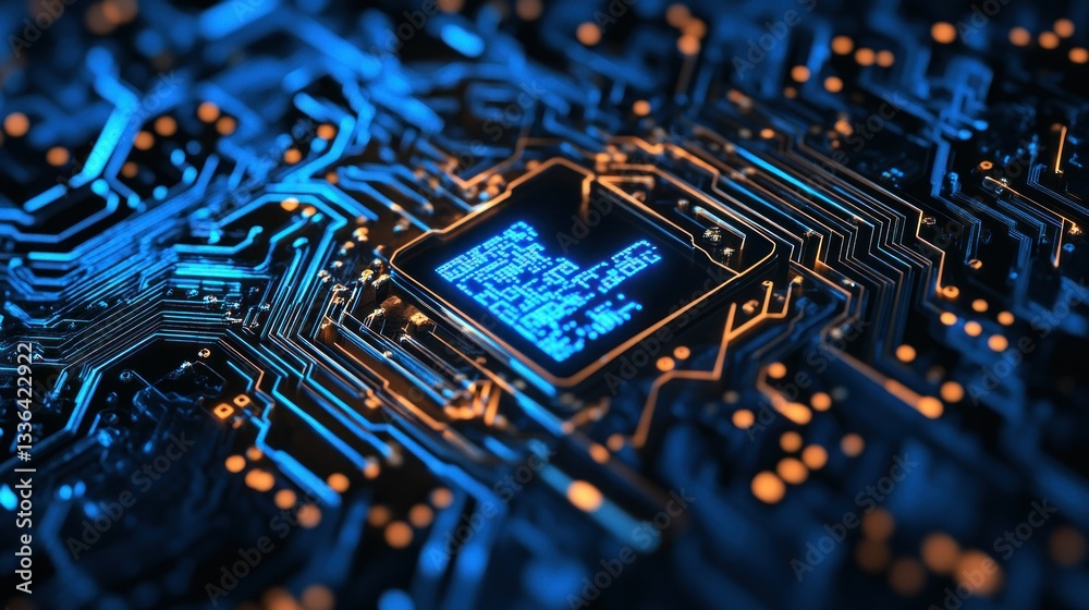 Poster a detailed image of a computer circuit board with blue and orange lights