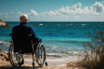 Rear view of a man sitting in a wheelchair and enjoying the sea view. Elderly man with an injury and disability in a wheelchair on a walk.