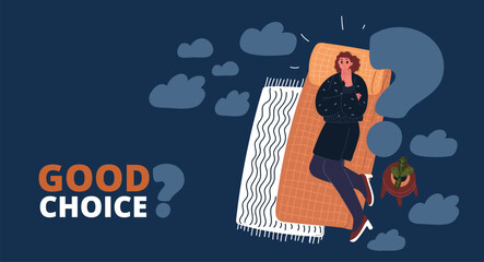 Cartoon vector illustration of a woman deep in thought with a question mark above her, representing curiosity, self-reflection, and the pursuit of understanding against dark background.