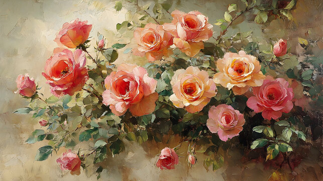 A vibrant bouquet of blooming roses in soft hues, surrounded by lush green leaves, evoking tranquility