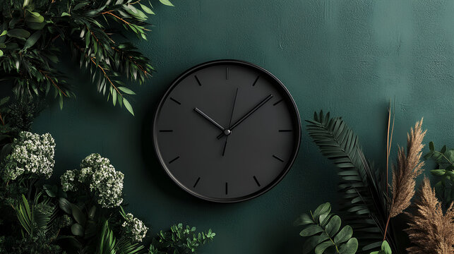 Black clock surrounded by green plants on dark green background