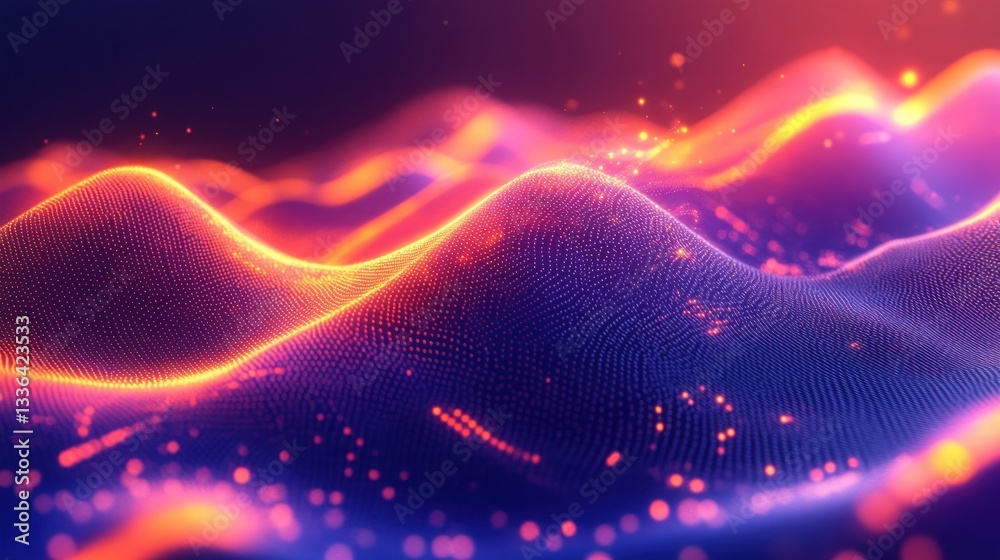 Poster abstract background depicts glowing particle waves in beautiful neon colors