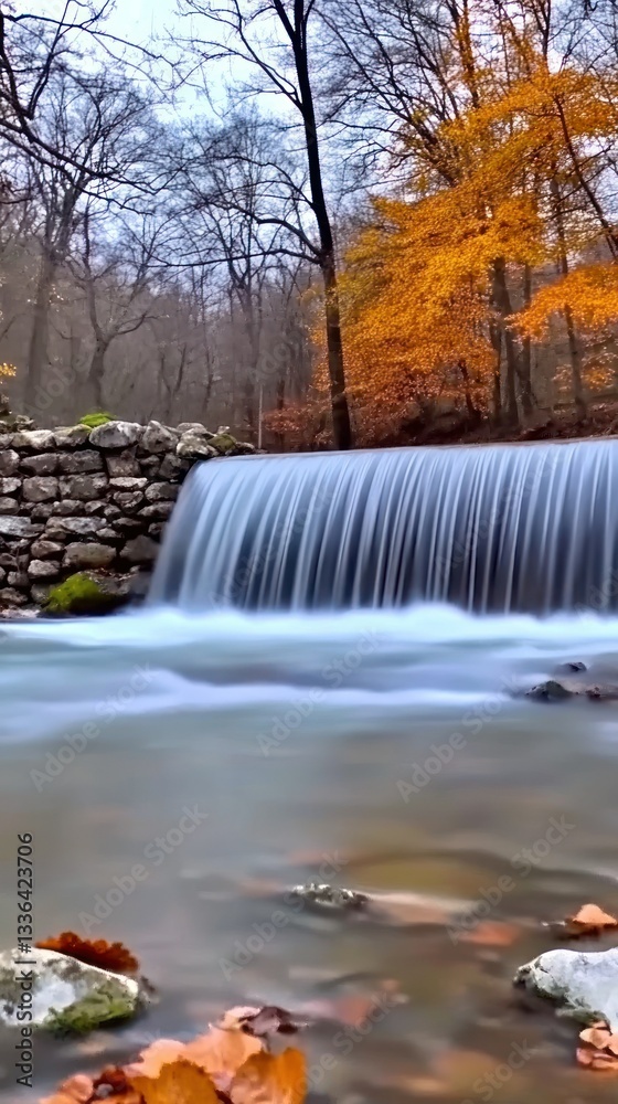 Poster a beautiful waterfall cascading into a gentle river surrounded by trees