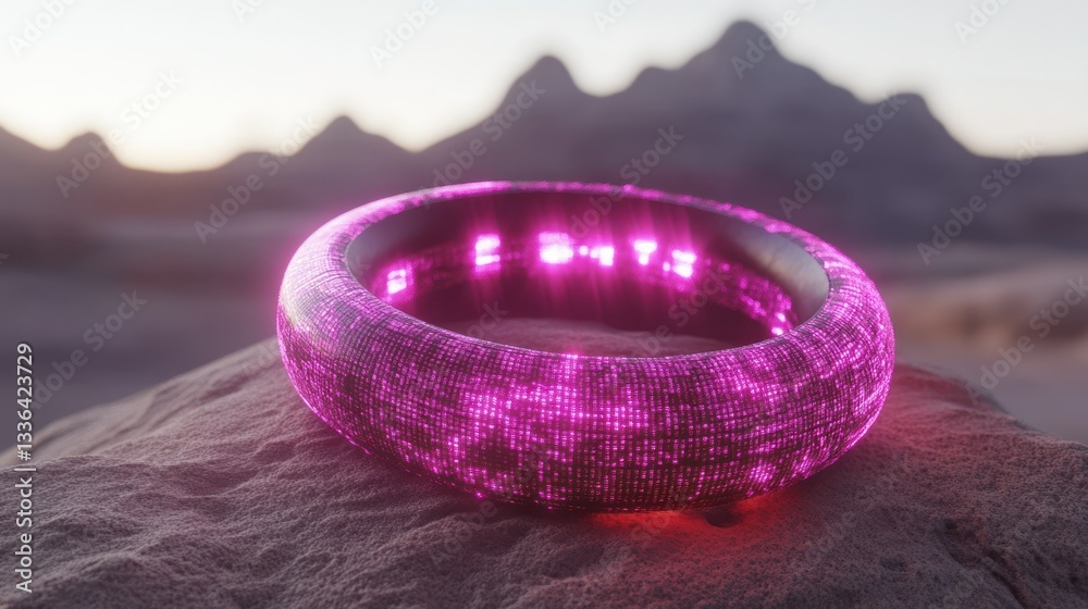 Poster Illuminated ring sits on a textured surface with distant mountains
