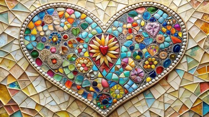 Vibrant mosaic heart art crafted with colorful glass pieces, intricate details, and a textured background, showcasing a stunning display of artistic skill and attention to detail.