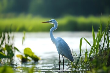 Obraz premium brilliant allure of sky heron perched in verdant marsh its extended legs reflecting fine reeds and gentle tides as it spreads a sense of calm musing through this realm 