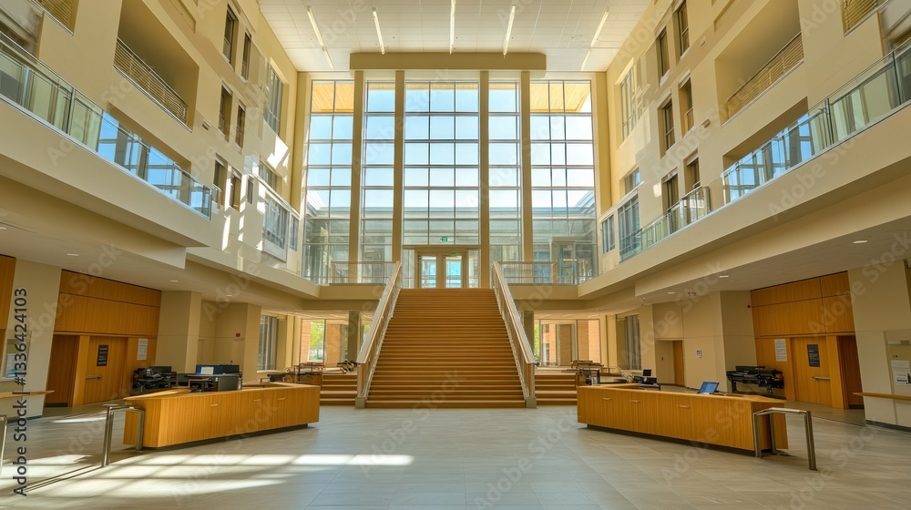 Aufkleber an open interior architectural space with large windows and staircase