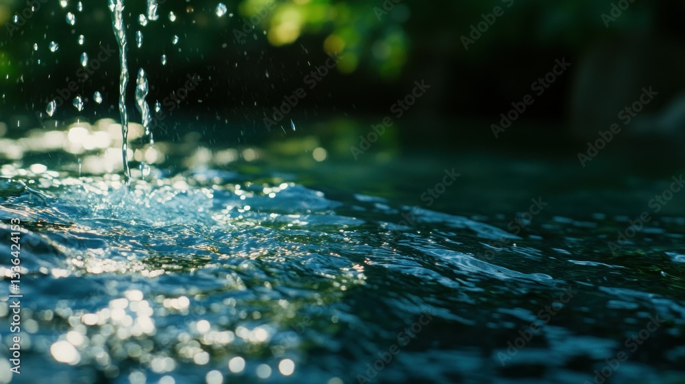 Aufkleber water droplets cascading into the ripples of a flowing stream