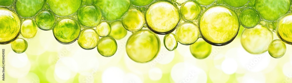 Poster various sized translucent green and yellow bubbles and blurred background