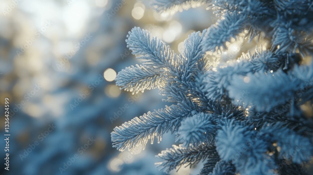 Poster frosted evergreen branches with soft sunlight on a bright day