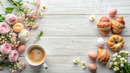 Holy Brunch: Flat Lay Panoramic Wooden Table with Feminine Easter Decor & Copy Space