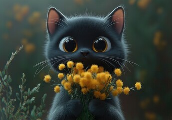 Cartoon 3d black cat holding a bouquet of mimosa.