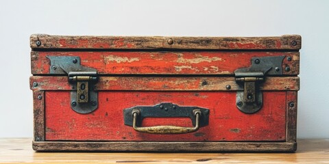 a red antique suitcase with metal clasps and handle on a wooden surface.